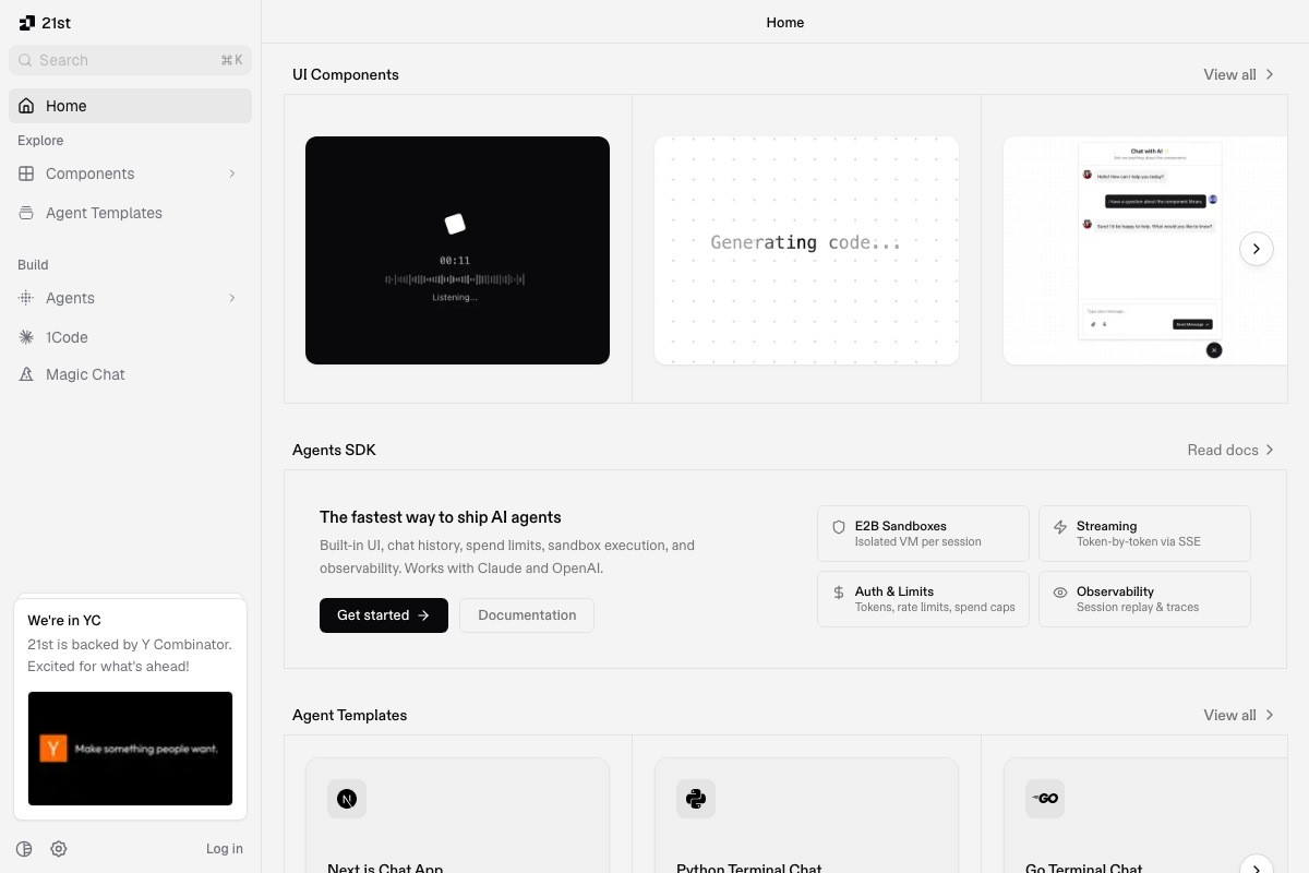 21st.dev — UI Components, Agents SDK, and Agent Templates in the sidebar; navigate to 'Components' for landing page UI elements