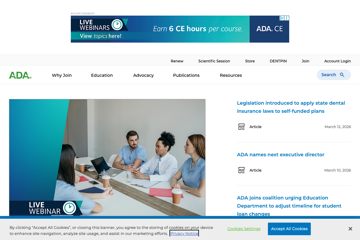 ADA.org homepage — member-facing professional association with Education, Advocacy, and Credentialing navigation, not a consumer review platform