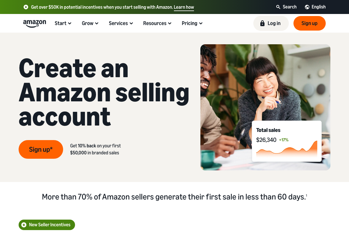 Amazon Seller Central public sign-up page — marketing homepage, not algorithm or ranking documentation.