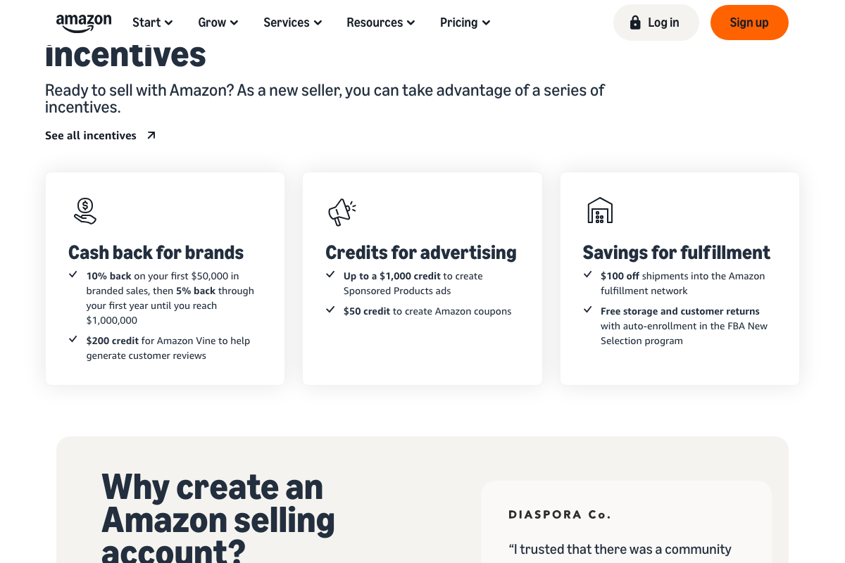 Amazon new seller incentives page — no keyword relevance or product-fit documentation visible.