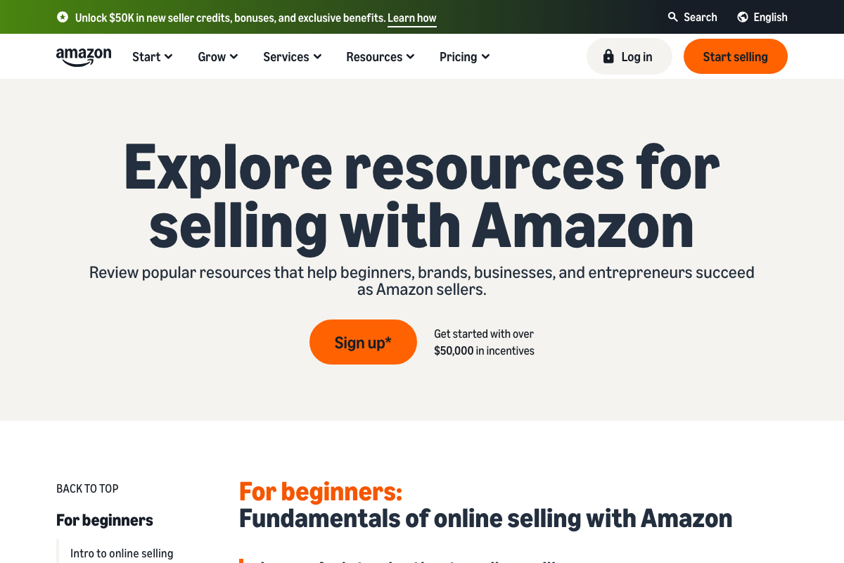sell.amazon.com/learn: 'Explore resources for selling with Amazon' — confirms structured seller onboarding and current $50,000+ new-seller incentive offer.