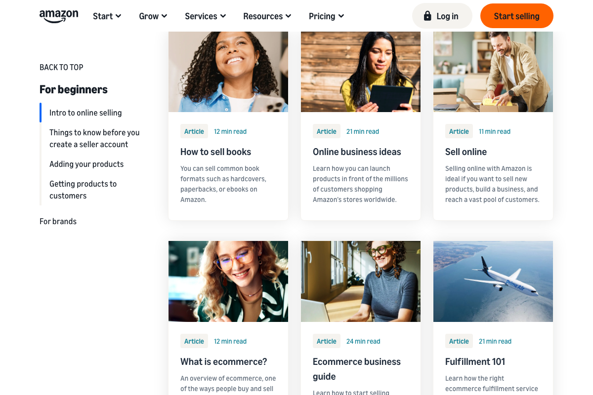 sell.amazon.com/learn beginner article grid including Fulfillment 101 — confirms Amazon exposes multiple fulfillment model options not addressed in the tutorial.