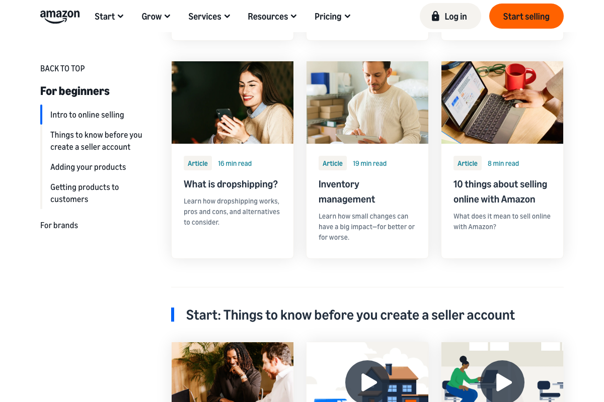 sell.amazon.com/learn: 'Inventory management', 'What is dropshipping?', and '10 things about selling online with Amazon' — confirms multi-model complexity of the Amazon channel.