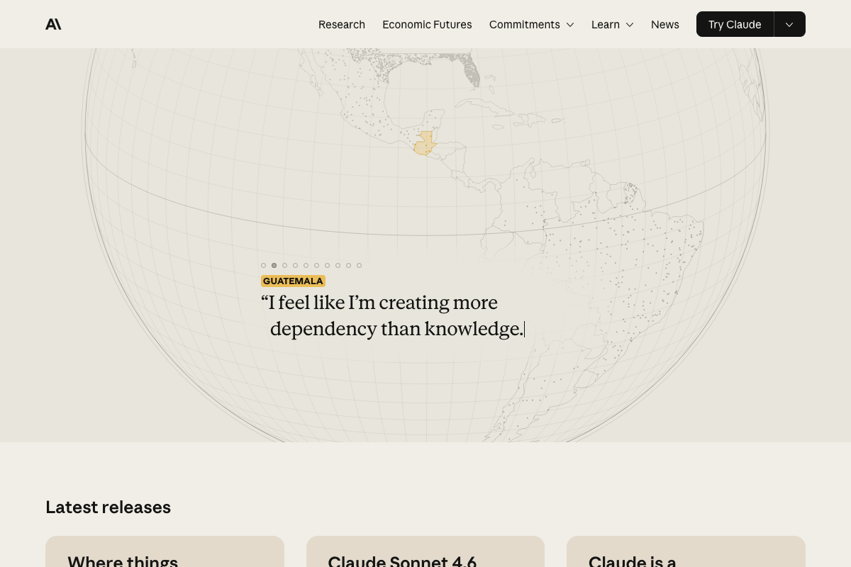 Anthropic homepage 'Latest releases' section showing Claude Sonnet 4.6 as a current, actively supported model.