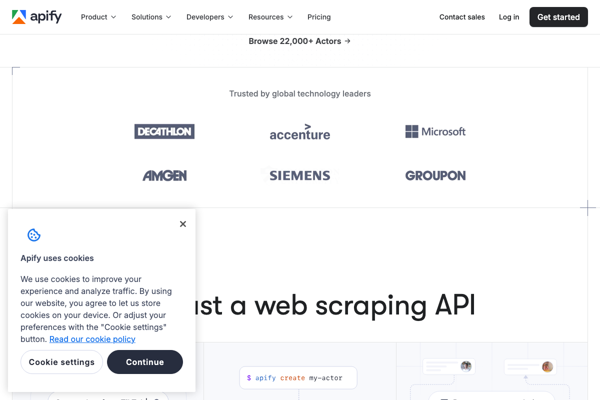 Apify homepage mid-scroll: 22,000+ Actors available and CLI command `apify create my-actor` for programmatic Actor creation