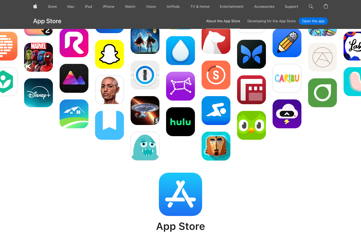 Apple App Store marketing page showing the App Store icon surrounded by a grid of featured app icons