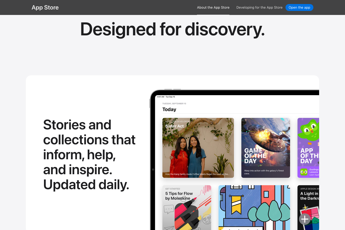 App Store 'Designed for discovery' section showing the Today tab with daily editorial stories and App of the Day features