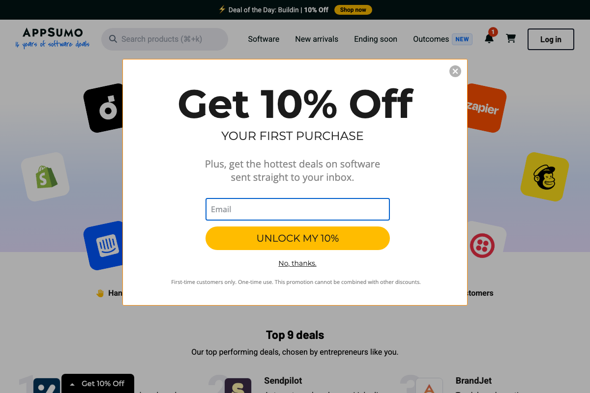 AppSumo homepage with 10% first-purchase discount modal — stackable if applicable to new accounts