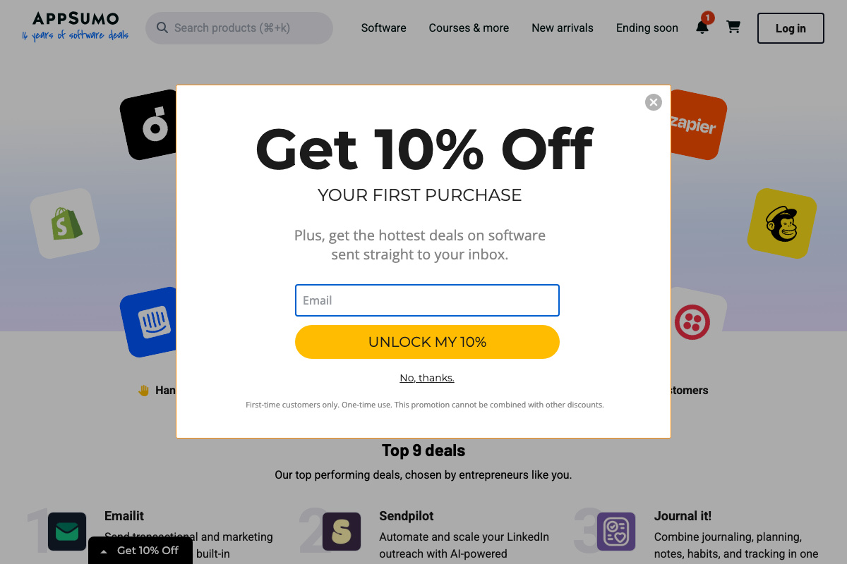 AppSumo homepage ranking Sendpilot as the #2 top deal, described as