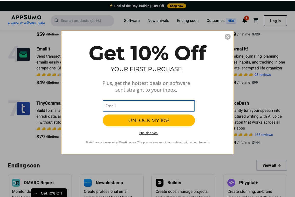 AppSumo Top 9 deals listing for Journal It! confirming journaling, planning, habits, and tracking; deal price partially obscured by modal overlay