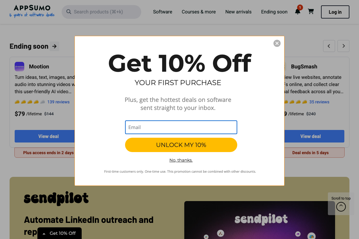 AppSumo page showing the Sendpilot listing with partial tagline