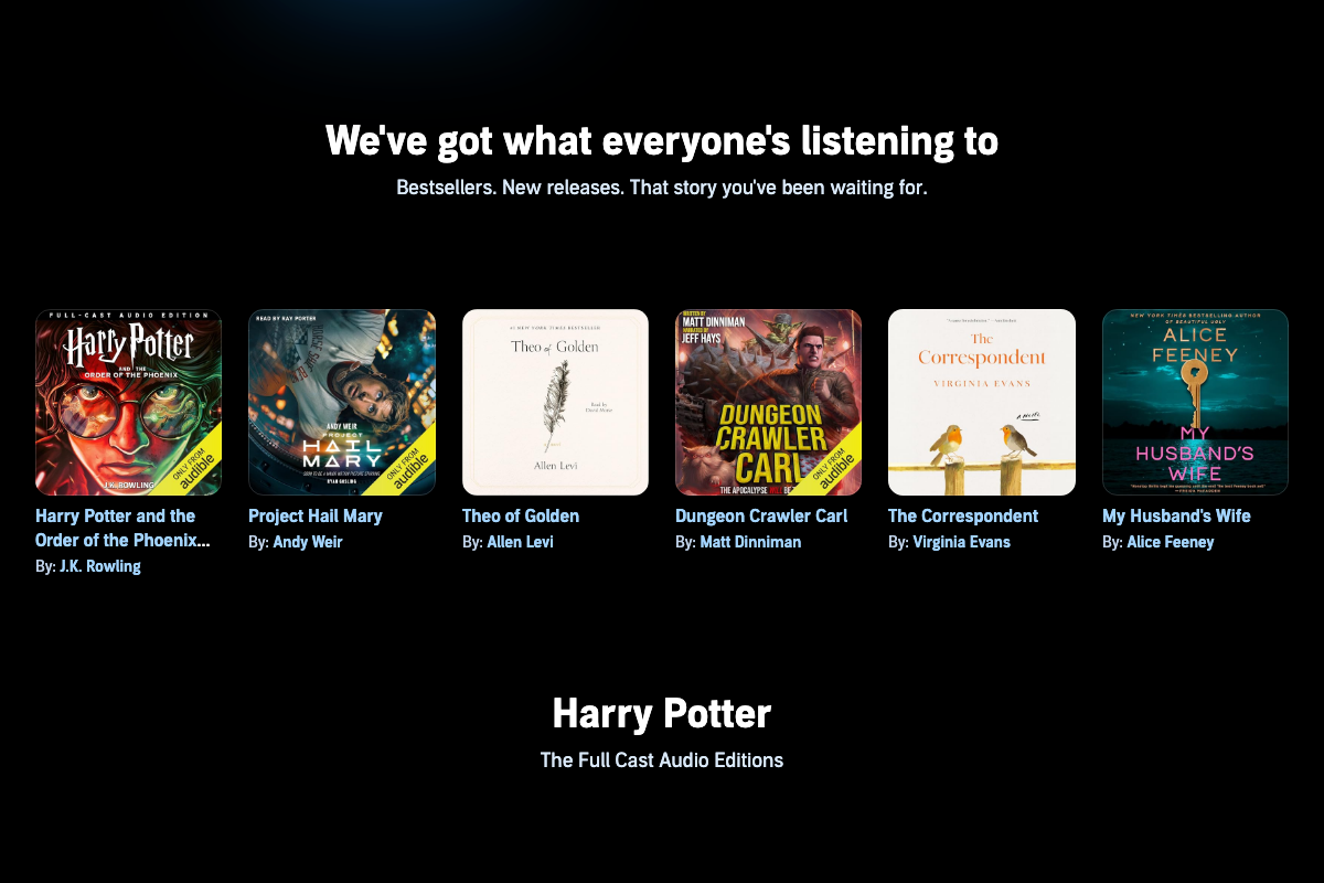 Audible bestsellers and new releases section — broad catalog spanning fiction and non-fiction, confirming active demand for diverse digital audio products.
