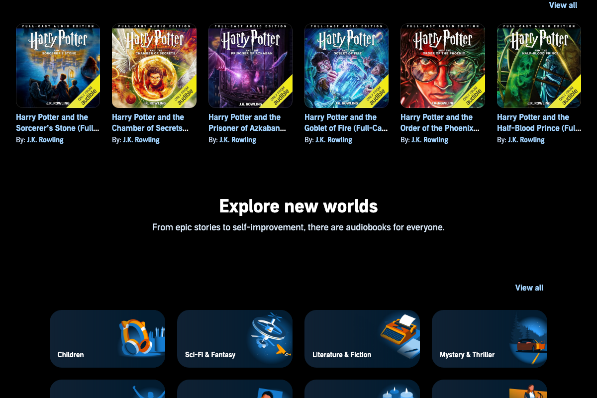 Audible genre browse page — 'self-improvement' explicitly named as a content category, supporting the tutorial's product-development framing in Step 8.