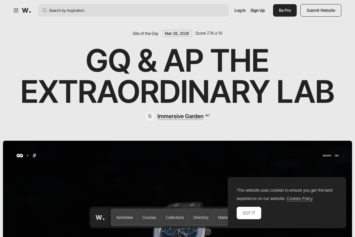 Awwwards homepage (Mar 26, 2026) showing 'GQ & AP THE EXTRAORDINARY LAB' as Site of the Day, scored 7.74/10.