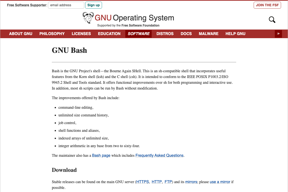GNU Bash official page confirming job control, integer arithmetic, and shell function support — features directly used by attack.sh and evaluate.sh