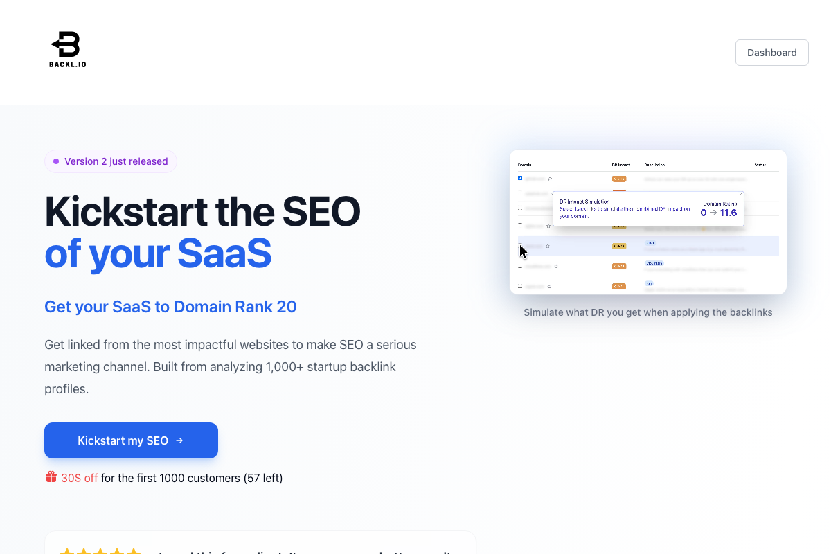 backl.io homepage — a paid SaaS link-building service; the filename and source_url reference boostbenchmark.com but the captured domain is backl.io