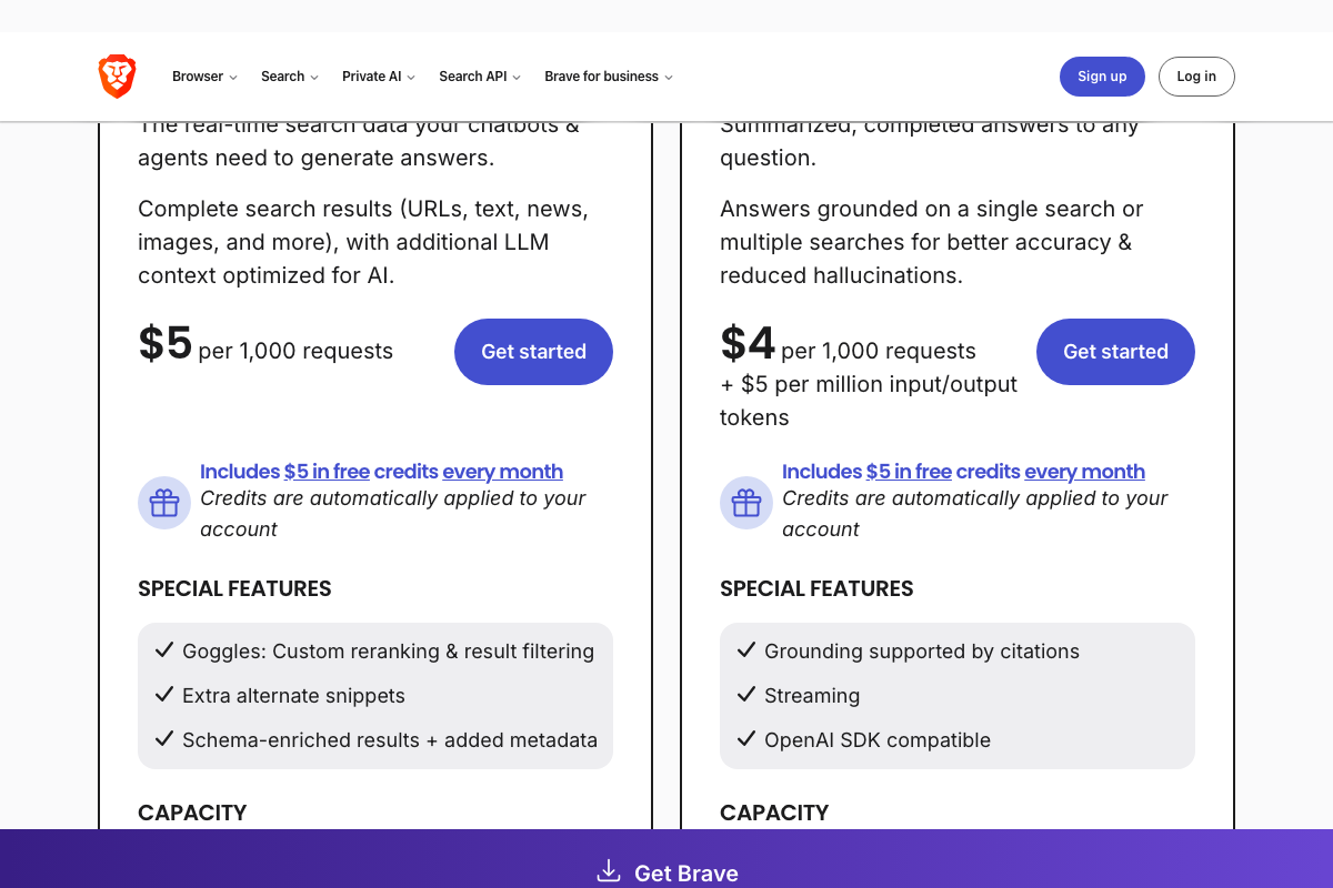 Brave Search API pricing tiers: Web Search at $5/1K requests and AI at $4/1K requests plus token costs — both include $5 free monthly credits.