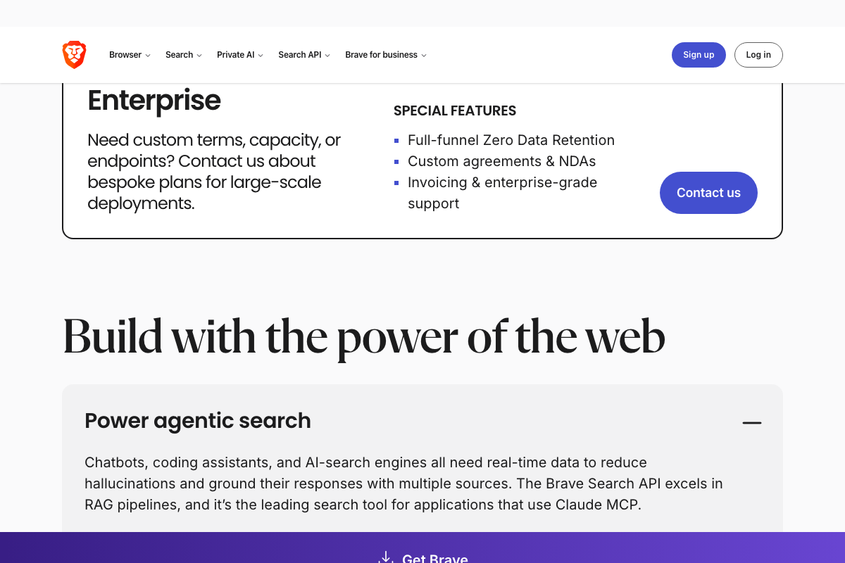 Brave Search API enterprise tier and 