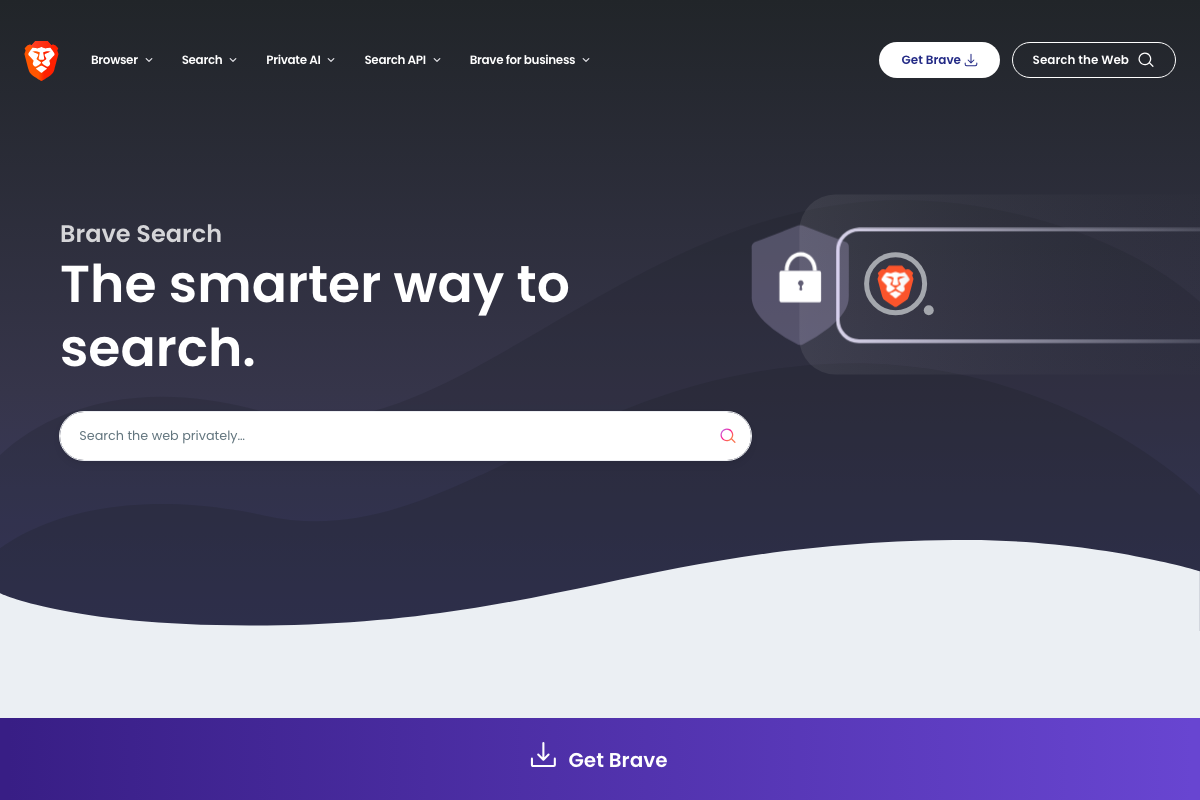 Brave Search consumer product homepage — confirms the service exists, but the developer API key is issued at api.search.brave.com, not this page.
