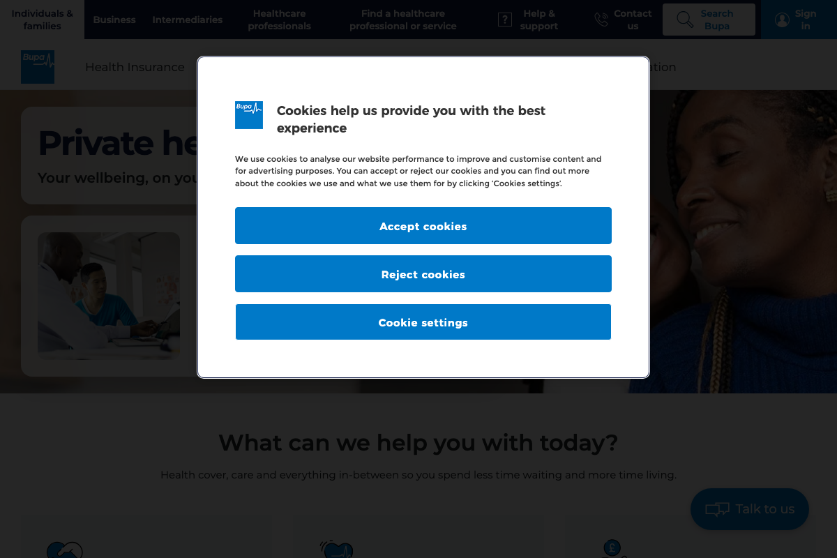 Bupa UK homepage (bupa.co.uk) with cookie consent modal blocking hero section; multi-segment navigation bar and 'Talk to us' chat widget visible.