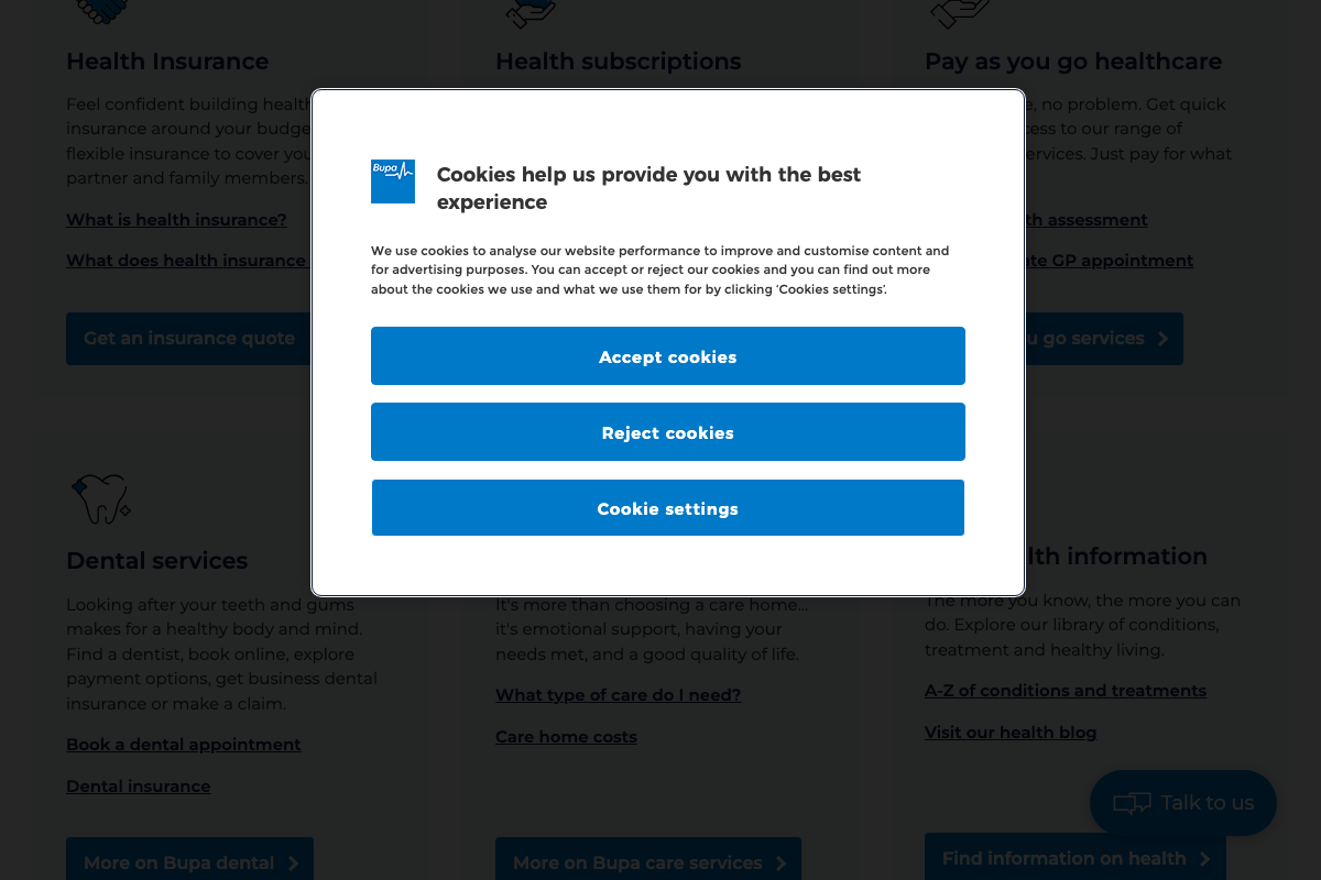 Bupa UK homepage service grid showing direct-action CTAs ('Get an insurance quote', 'Book a dental appointment') and an informational health library link.