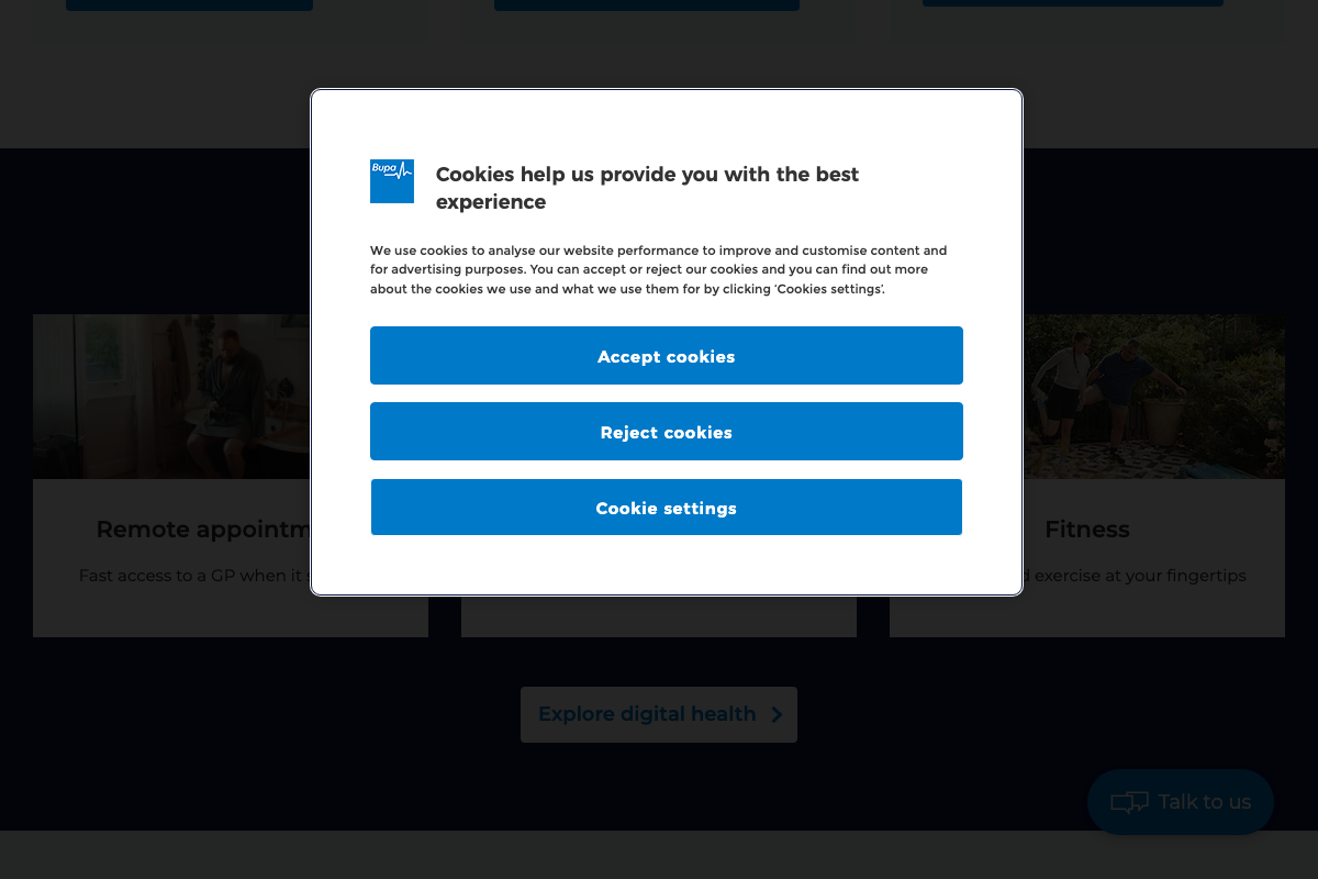 Bupa UK digital health section showing 'Remote appointments' and 'Fitness' service cards with 'Explore digital health' CTA.