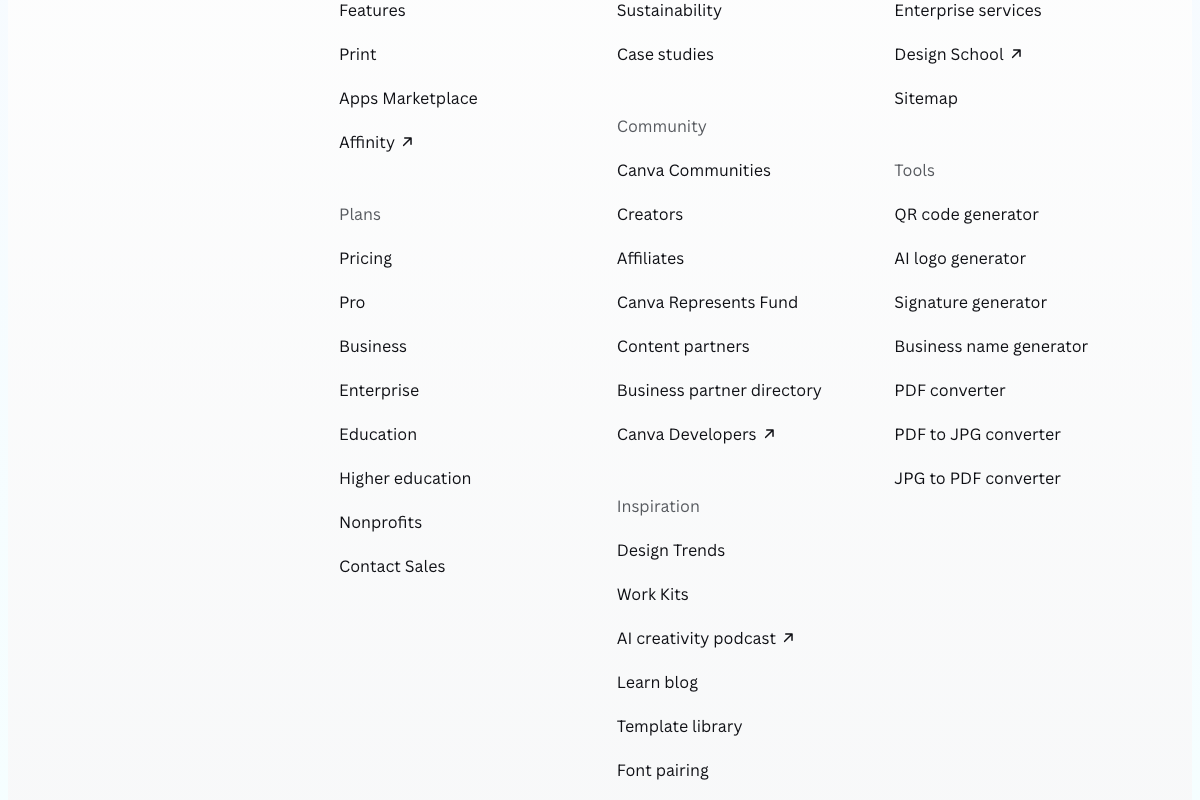 Canva site footer listing plan tiers — transparent PNG export requires a paid plan not specified in the tutorial