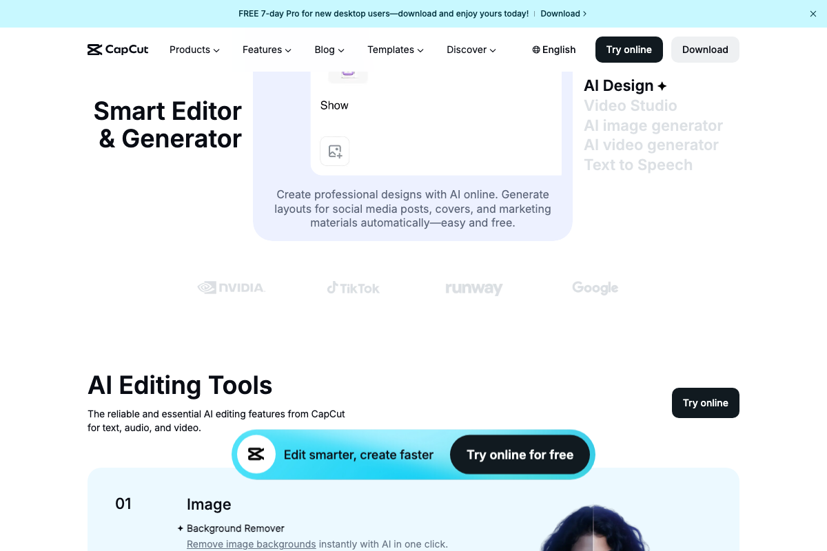 CapCut website showing AI Editing Tools section and partner logos, confirming CapCut as an active, multi-feature video editor suitable as a Computer Use automation target.