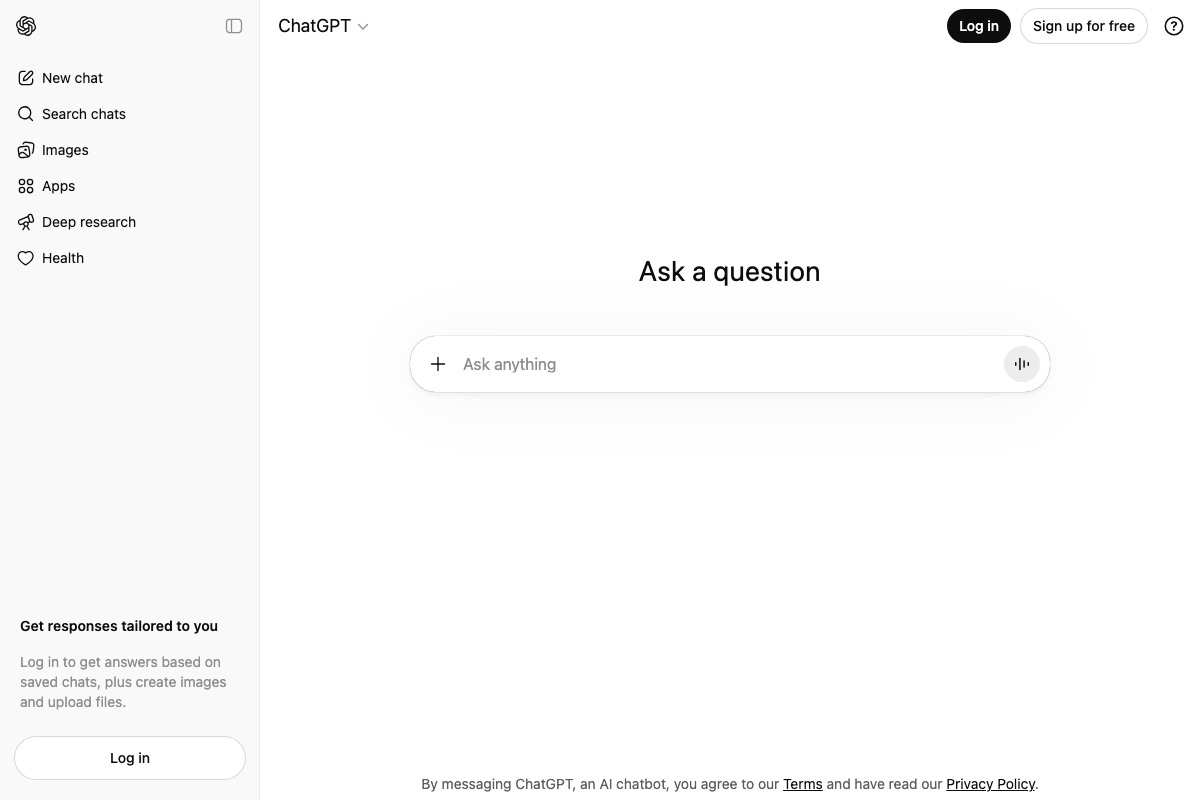 ChatGPT consumer interface (chatgpt.com) showing a dedicated 'Health' category in the sidebar and 'Deep research' feature.