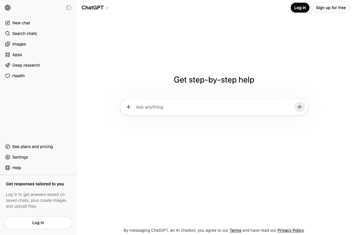 ChatGPT homepage (logged out) confirming the platform as a public AI tool — sidebar features include Deep research and Apps, not mentioned in the tutorial