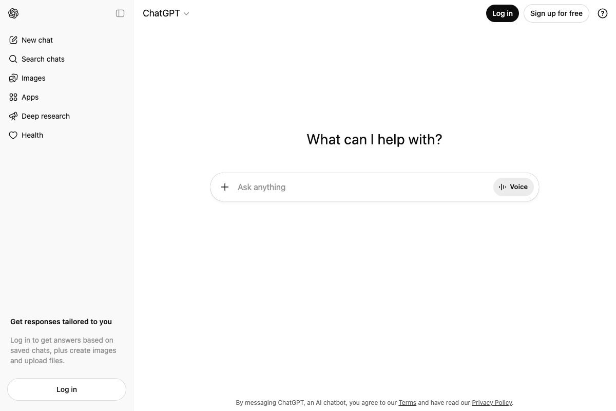 ChatGPT's public interface as of March 2026 showing the standard chat input and sidebar navigation — one of the AI models Hootsuite's LLM Insights can monitor.