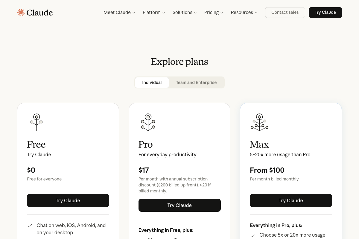 Claude.ai pricing: Free, Pro ($17/mo annual), Max (from $100/mo) — plan requirement for Artifacts access is unspecified