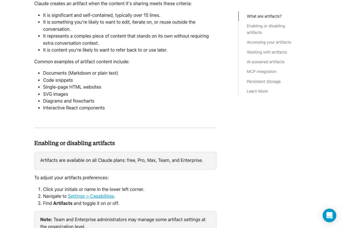 Artifacts support article listing eligible content types and the Settings > Capabilities toggle required to enable artifacts.