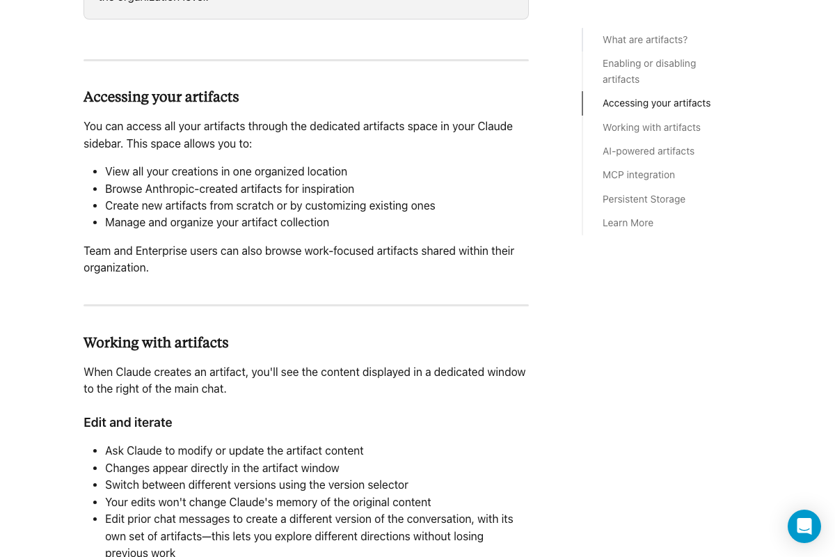 Artifacts help article showing the dedicated artifact window placement and edit/iterate options for follow-up prompts.