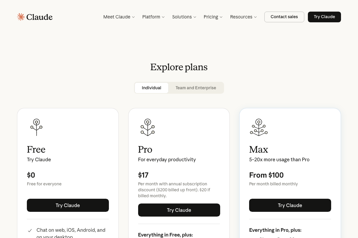 Claude.ai pricing page showing Free, Pro ($17/mo), and Max (from $100/mo) individual plans.