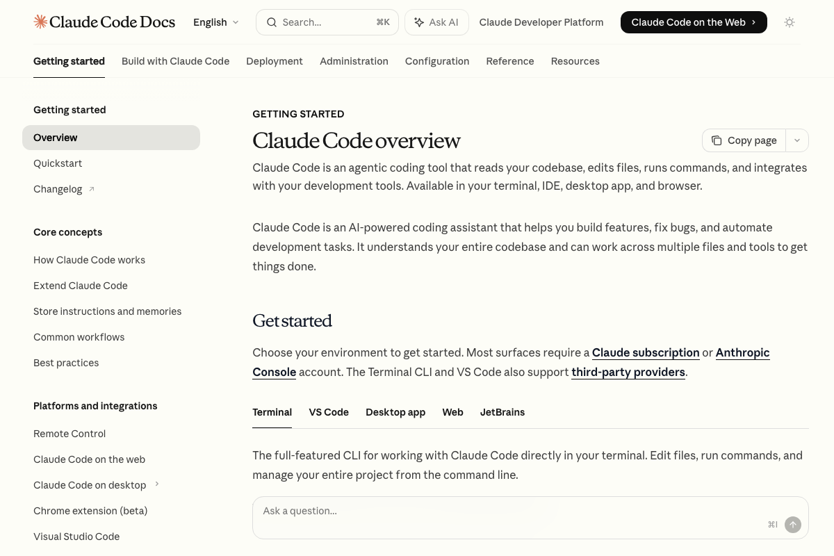 Claude Code overview documentation showing available surfaces: Terminal CLI, VS Code, Desktop app, Web, and JetBrains.