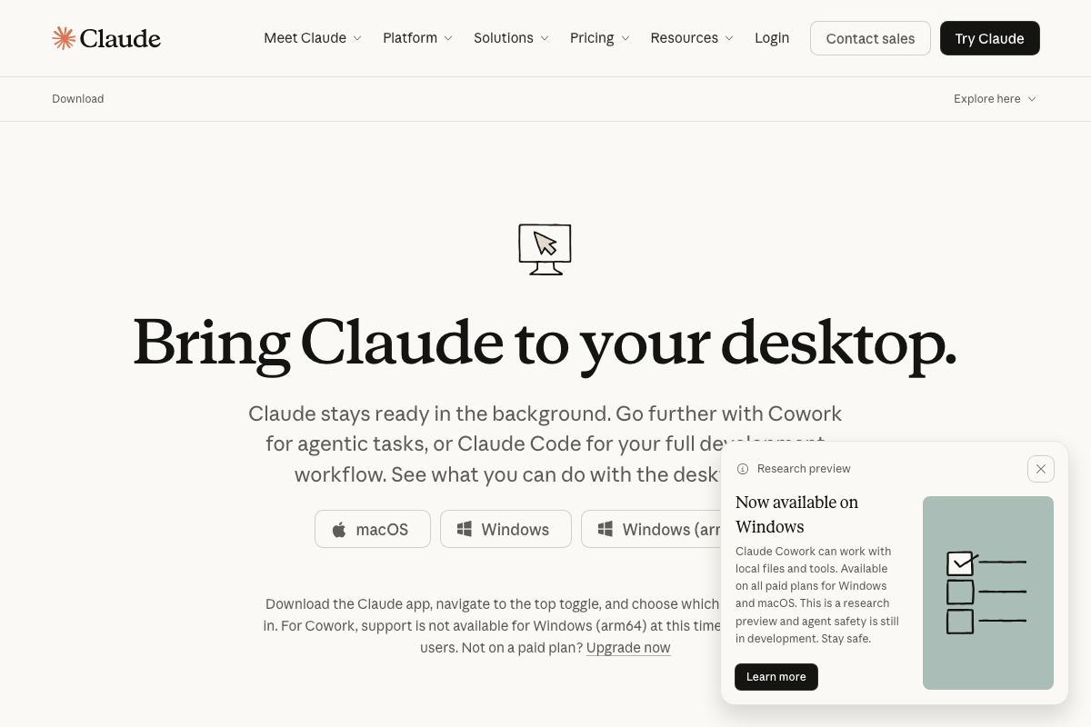 Claude Desktop download page showing macOS and Windows availability, with Cowork (research preview) for agentic tasks.