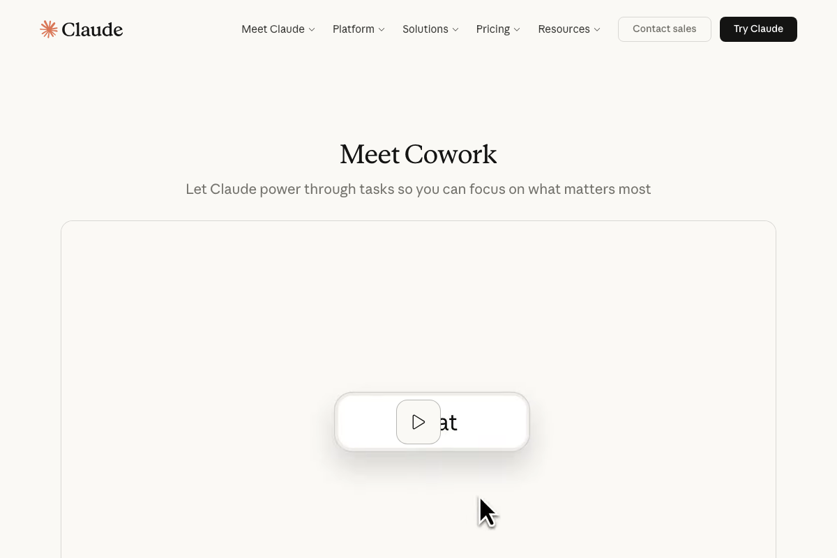 claude.ai/code 'Meet Cowork' section establishing Cowork as the official brand name for Claude's agentic task-execution environment.