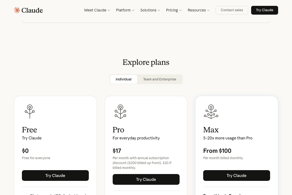 claude.ai/code pricing page showing individual plans: Free ($0), Pro ($17/mo annual or $20/mo monthly), and Max (from $100/mo, 5–20x more usage than Pro).