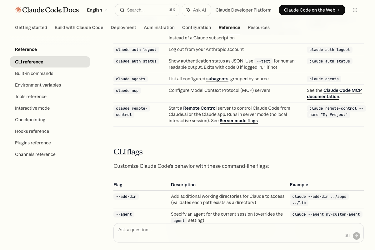 CLI flags reference showing --bare flag, which explicitly skips CLAUDE.md loading along with hooks, skills, and MCP setup