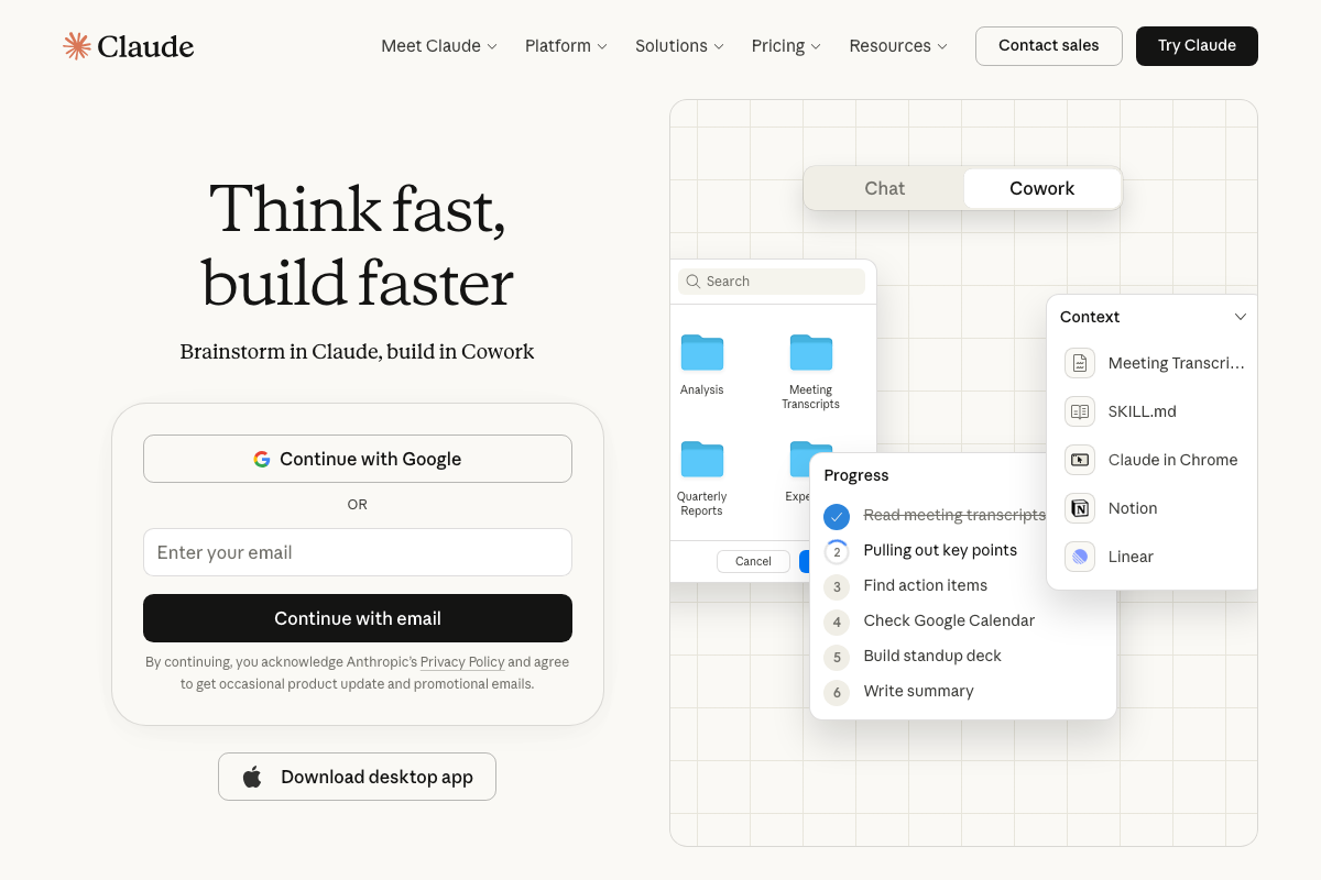 claude.ai/code landing page showing the Cowork product — this is not the Claude Code CLI documentation page.