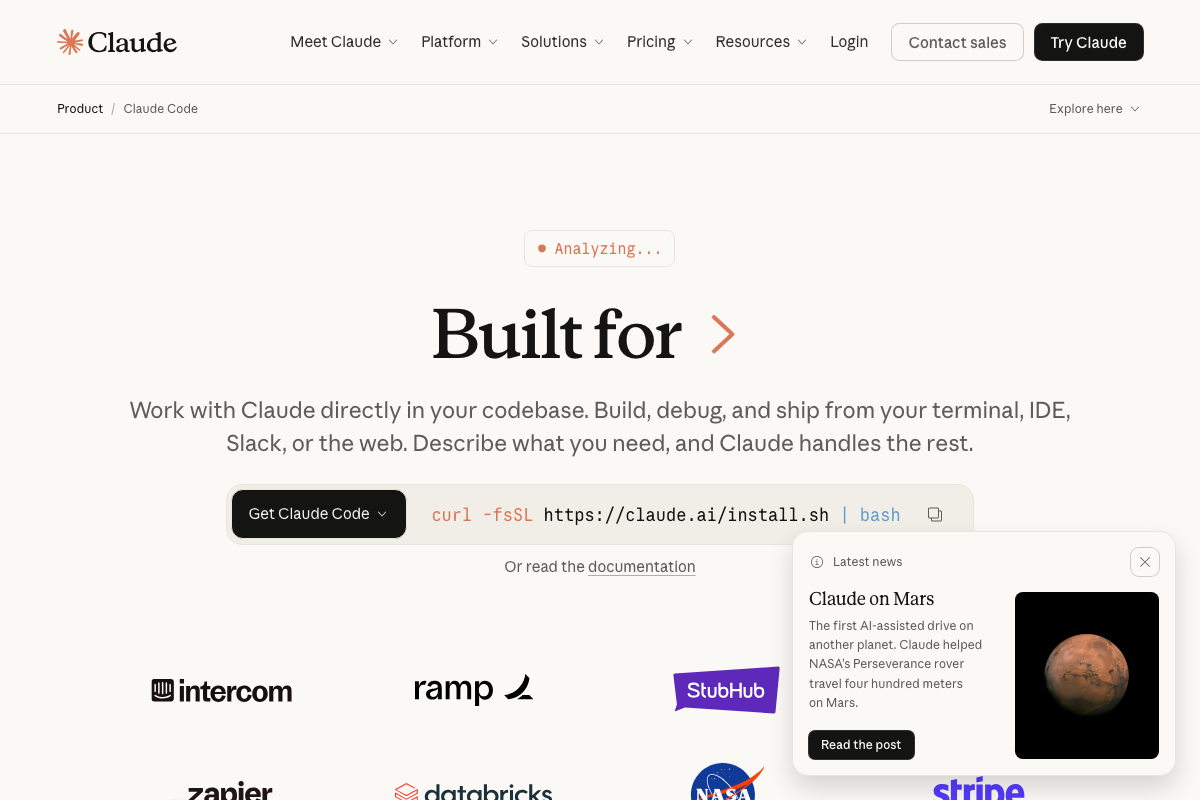 Anthropic.com/claude-code landing page showing the official install command: curl -fsSL https://claude.ai/install.sh | bash