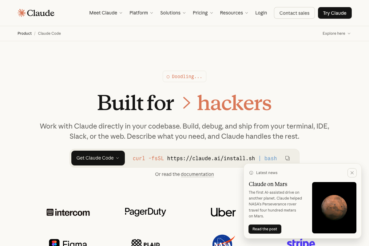 Claude Code official product page showing cross-platform availability (terminal, IDE, Slack, web) and the `curl -fsSL https://claude.ai/install.sh | bash` install command.