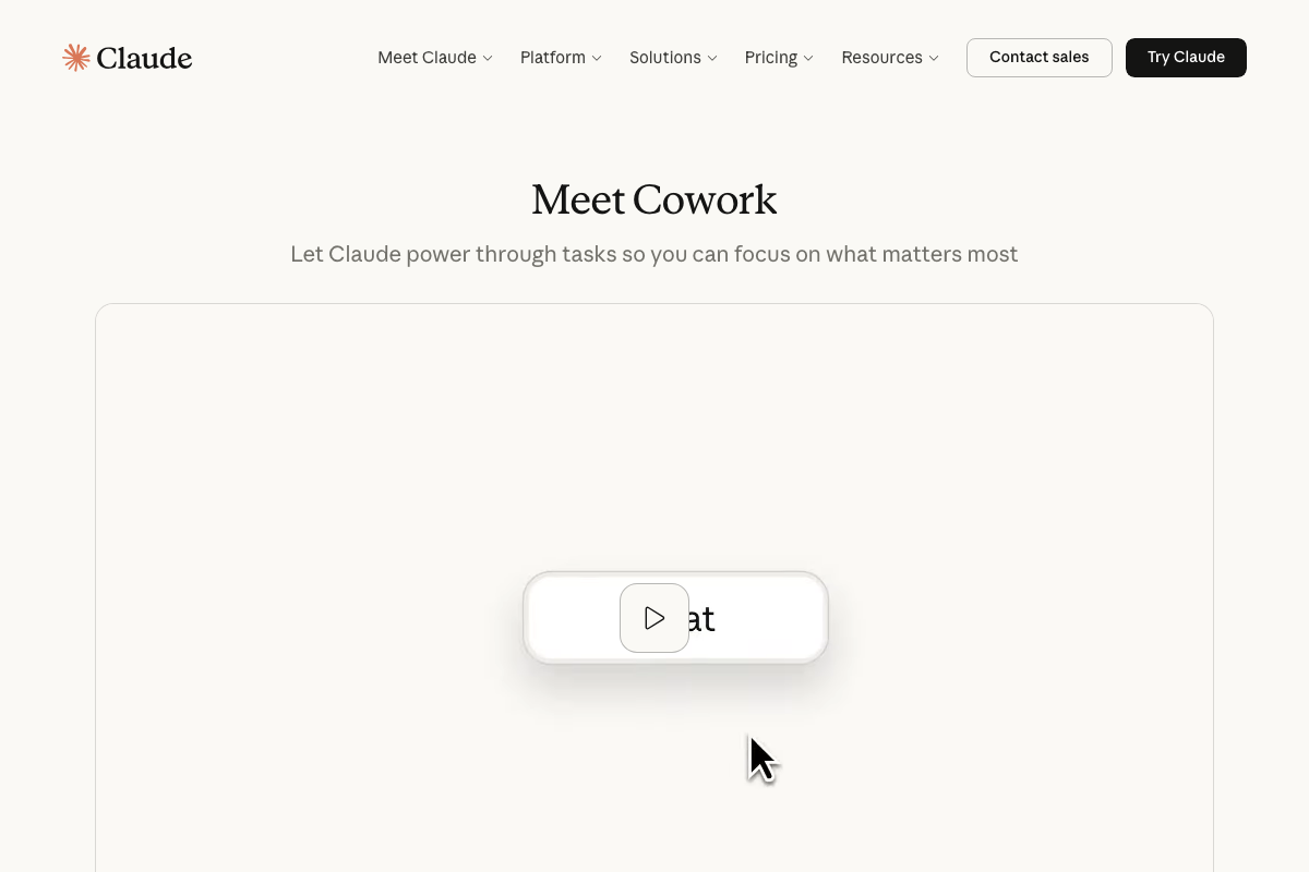 Official 'Meet Cowork' section describing the product as an autonomous task-execution tool, with no reference to Plan Mode by name.