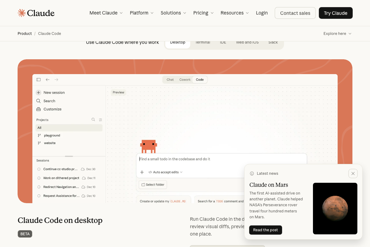 Claude Code desktop app (BETA) showing 