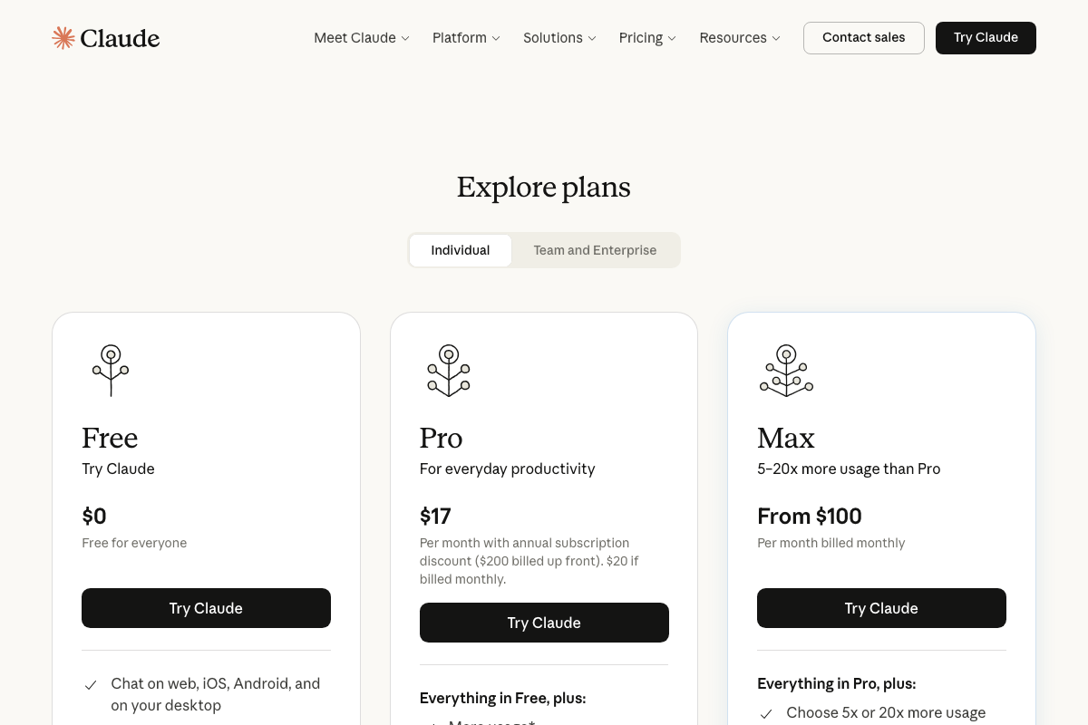 claude.ai pricing page — Free, Pro ($17/mo annual), and Max (from $100/mo) plans confirmed; specific 1M context entitlement not visible in the cut-off feature list.