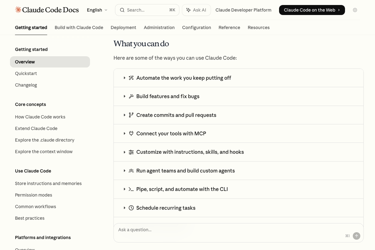 Claude Code Docs 'What you can do' section listing eight capability categories including recurring task scheduling and agentic automation — scoped to software development, not general desktop control.