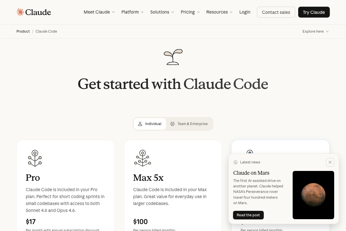 Claude Code pricing page showing Pro ($17/mo) and Max 5x ($100/mo) plans — both officially supported tiers that include Claude Code with Sonnet 4.6 and Opus 4.6.