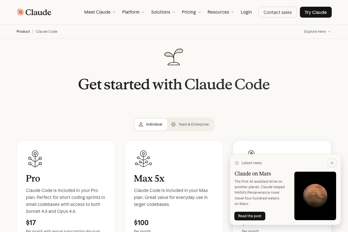 Claude Code pricing page showing Pro ($17/mo) and Max 5x ($100/mo) individual plan tiers with model access details.