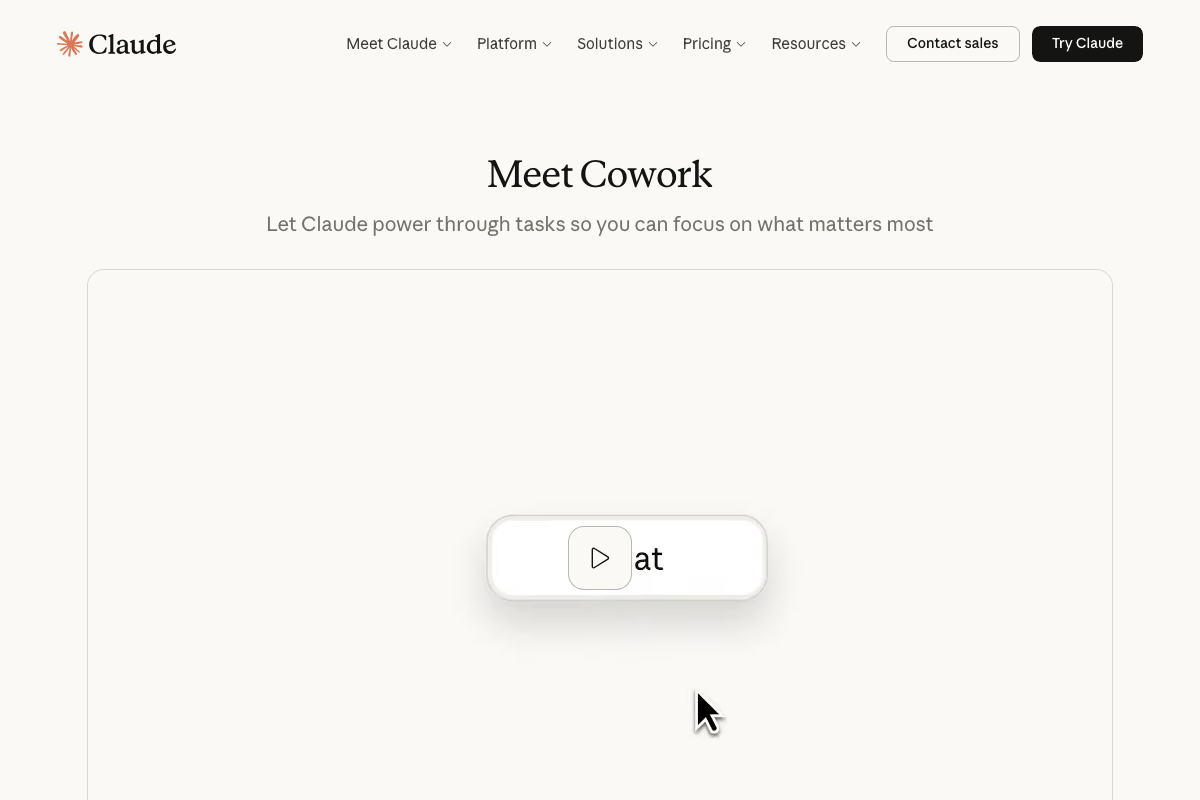 Claude.ai's 'Meet Cowork' section positioning Cowork as a task-automation layer distinct from Chat — consistent with the scoped task execution described in step 5.